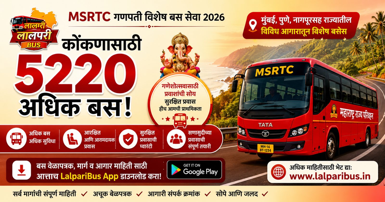 MSRTC Ganpati Special Bus 2026 – कोकणासाठी 5,220 जादा एसटी बसेस, 7 ते 25 सप्टेंबर धावणार